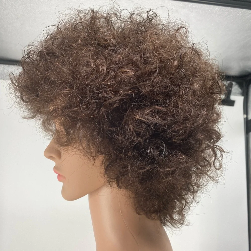 Curly Brown Human Hair Afro Wig - Picture 3 of 8